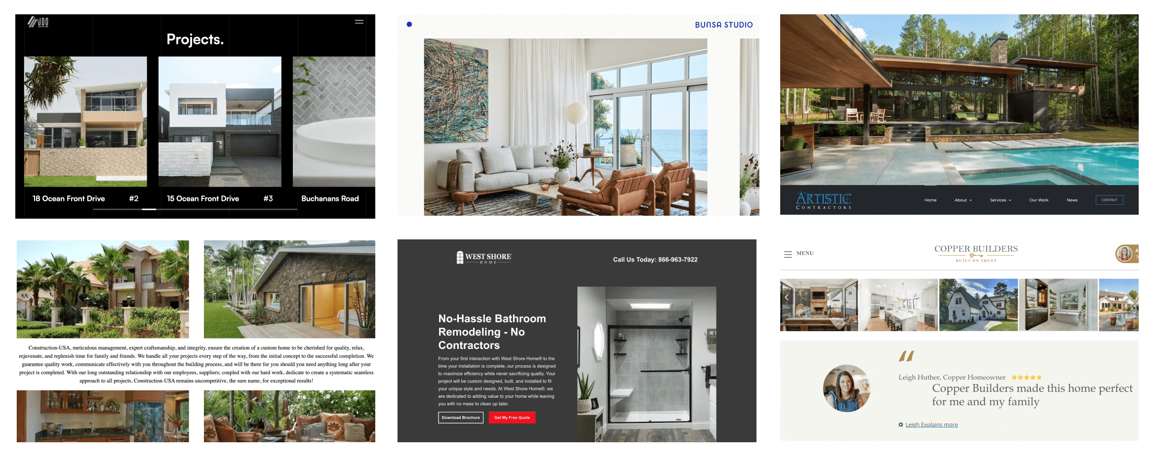 Six screenshots of different construction company websites